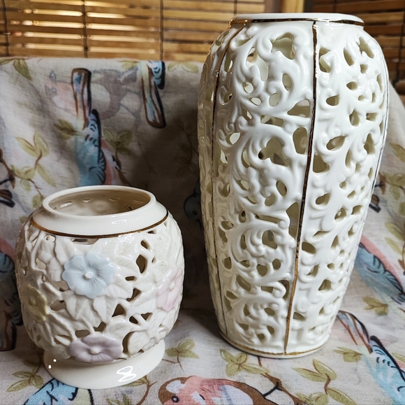 Party Lite Cream Gold Ceramic Cut Out Design Orchid Pot Tea Light Vase - Picture 7 of 7